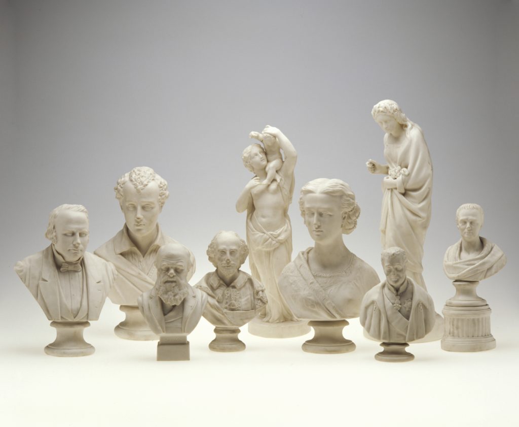 Seven white busts and two statues of composers and writers. Made from Parian porcelain in the 1800s . Collected and donated to the Museum by Thomas Lennard in 1921.